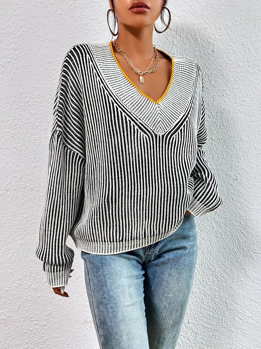SHEIN Frenchy Black White V Neck Striped Pattern Drop Shoulder Sweater Striped